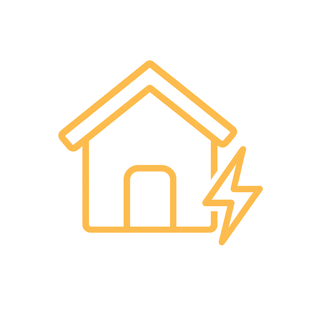 Ícono de casa con rayo eléctrico, en líneas naranjas brillantes sobre fondo oscuro.