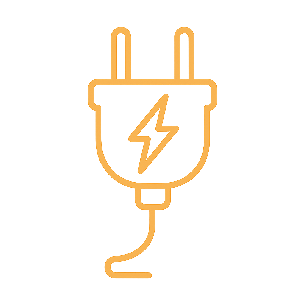Ícono de enchufe eléctrico con símbolo de rayo, en líneas naranjas brillantes.