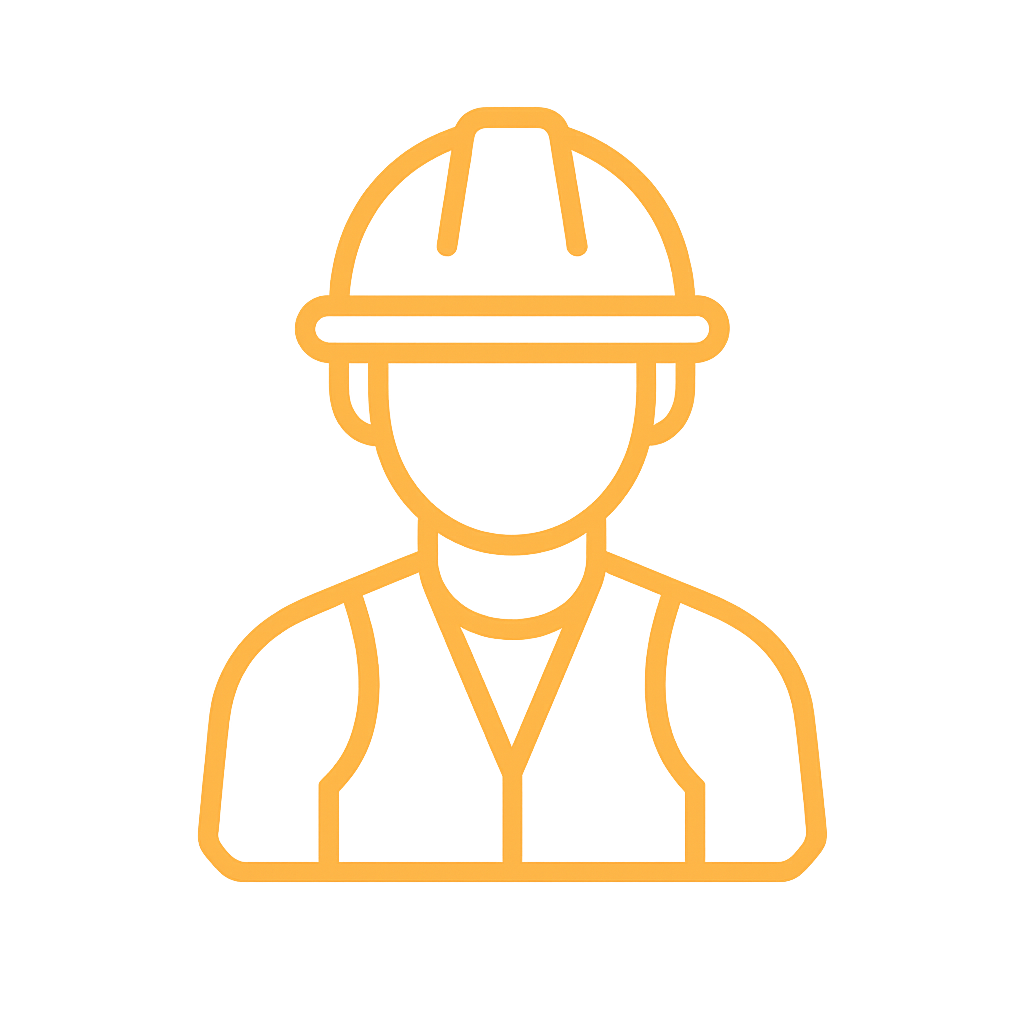 Ícono lineal de trabajador con casco de seguridad en color naranja brillante.