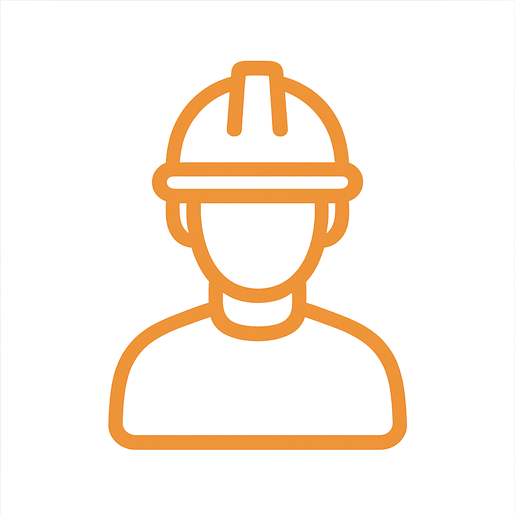 Ícono lineal de trabajador con casco de seguridad en color naranja brillante.