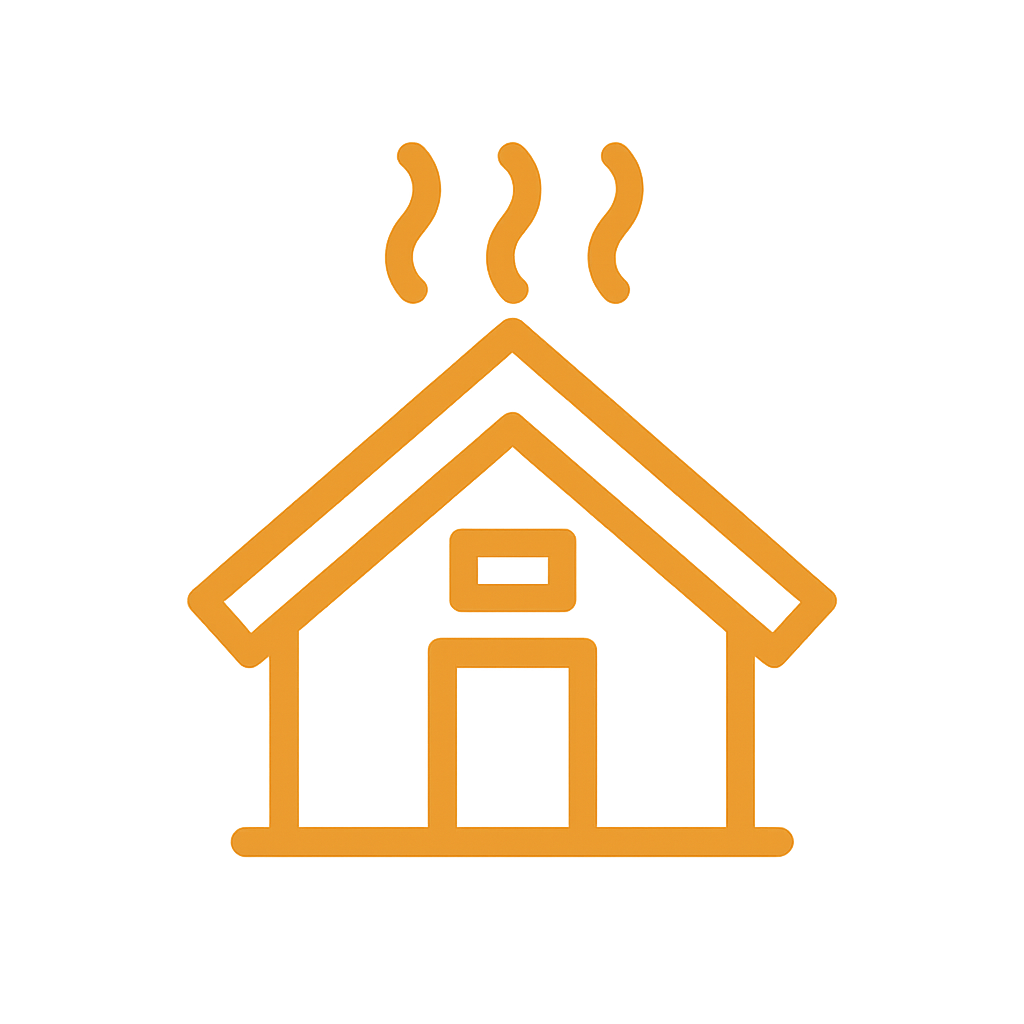 Ícono de casa con líneas de calor saliendo del techo, en color naranja brillante.