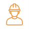 Ícono lineal de trabajador con casco de seguridad en color naranja brillante.