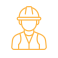 Ícono lineal de trabajador con casco de seguridad en color naranja brillante.